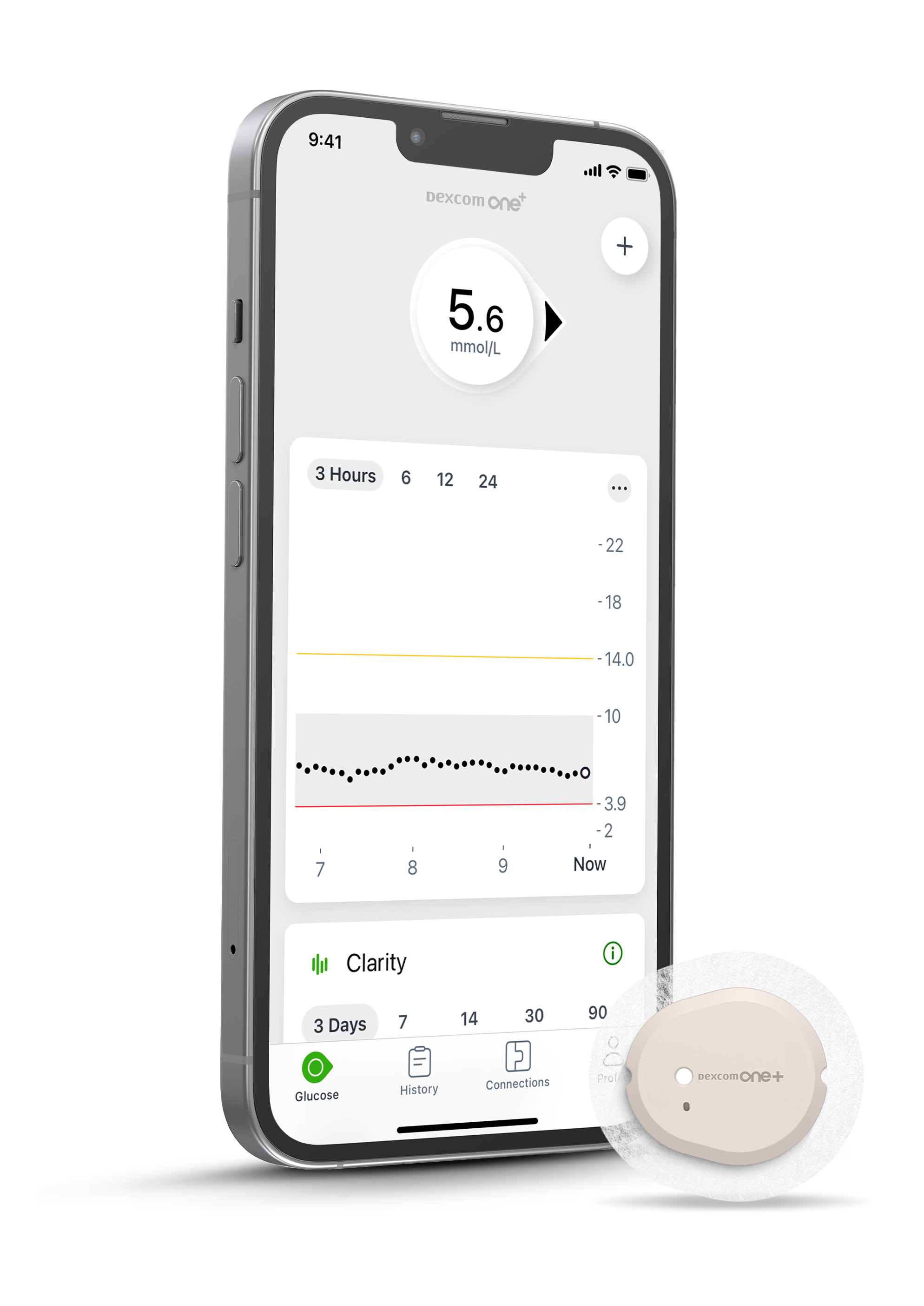 Smartphone met Dexcom ONE+ app op scherm met Dexcom ONE+ sensor
